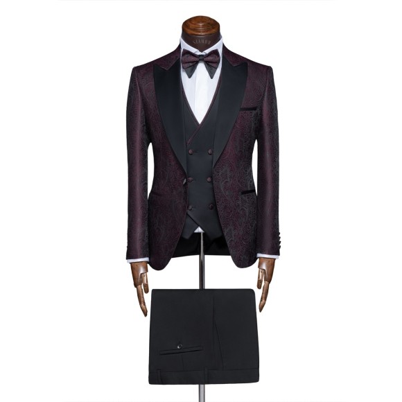 کت و شلوار و ژیله دامادی یقه بلیزر تاکسیدو کریشه بته جقه برجسته سیامد