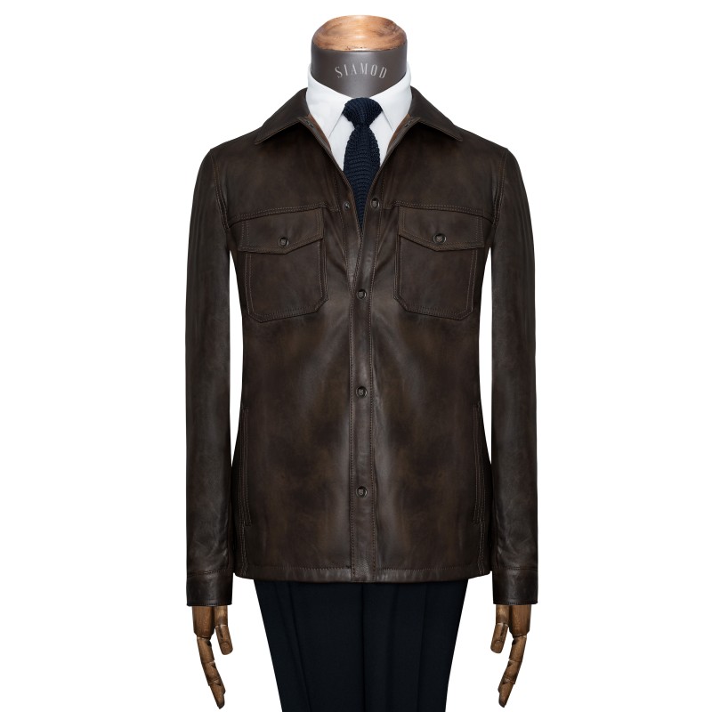 کاپشن چرم یقه مردانه طرح سافاری افکت دار تمام چرم سیامد کد YALCH8602